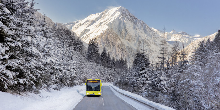 Ski bus on a winter road near Lake Achensee